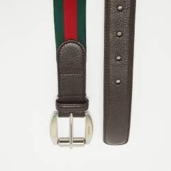 Pre Owned Gucci Brown Leather and Elastic Web Buckle Belt 95 CM