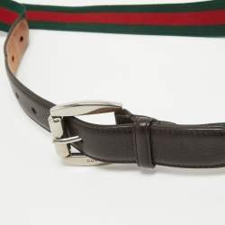 Pre Owned Gucci Brown Leather and Elastic Web Buckle Belt 95 CM
