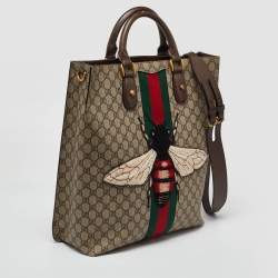 Gucci Beige GG Supreme Canvas and Leather Animalier Vertical Tote