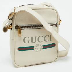 Gucci White Leather Logo Print Messenger Bag
