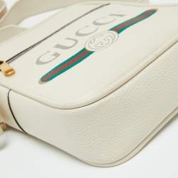 Gucci White Leather Logo Print Messenger Bag