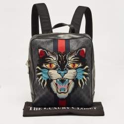 Pre Owned Gucci Black GG Supreme Canvas and Leather Angry Cat Backpack