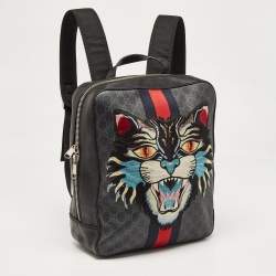 Pre Owned Gucci Black GG Supreme Canvas and Leather Angry Cat Backpack