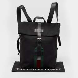 Gucci Black Leather and Nylon Web Fold Over Backpack
