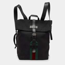 Gucci Black Leather and Nylon Web Fold Over Backpack