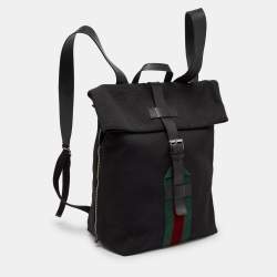 Gucci Black Leather and Nylon Web Fold Over Backpack