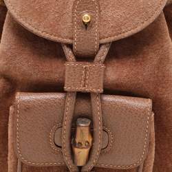 Pre Owned Gucci Brown Suede and Leather Bamboo Drawstring Backpack