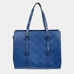 Gucci Blue GG Embossed Tote Leather Tote Bag 