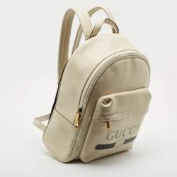 Gucci Off White Leather Logo Print Backpack