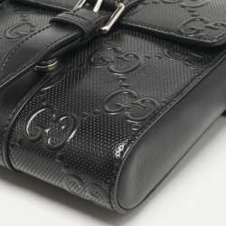 Gucci Black GG Embossed Perforated Leather Double Belt Bag