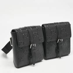 Gucci Black GG Embossed Perforated Leather Double Belt Bag