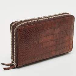 Gucci Brown Crocodile Double Zip Around Travel Wallet