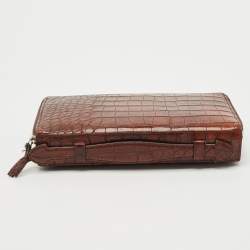 Gucci Brown Crocodile Double Zip Around Travel Wallet