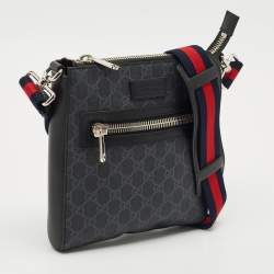 Pre Owned Gucci Black GG Supreme Canvas and Leather Zip Messenger Bag