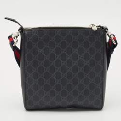 Pre Owned Gucci Black GG Supreme Canvas and Leather Zip Messenger Bag