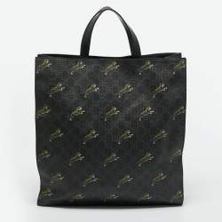 Pre Owned Gucci Black GG Supreme Canvas Tiger Print Vertical Tote