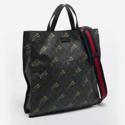 Pre Owned Gucci Black GG Supreme Canvas Tiger Print Vertical Tote