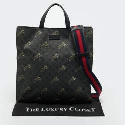 Pre Owned Gucci Black GG Supreme Canvas Tiger Print Vertical Tote