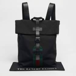 Pre Owned Gucci Black Techno Canvas Web Fold Over Backpack