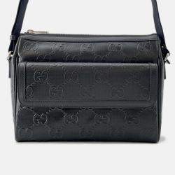 Pre Owned Gucci GG-Embossed Messenger Bag Black Leather