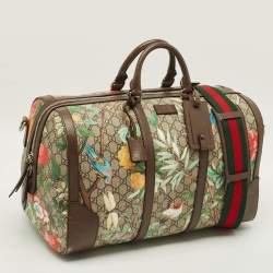 Pre Owned Gucci Tian Brown/Beige GG Supreme Canvas and Leather Duffel Bag