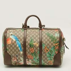 Pre Owned Gucci Tian Brown/Beige GG Supreme Canvas and Leather Duffel Bag