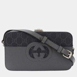 Pre Owned Gucci Shoulder Bag With Cutout Interlocking G Gg Supreme Design In Black And Gray Small Mini Bag