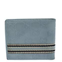 Pre Owned Gucci Blue Guccissima Leather Web Bifold Wallet