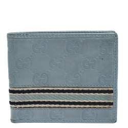 Pre Owned Gucci Blue Guccissima Leather Web Bifold Wallet