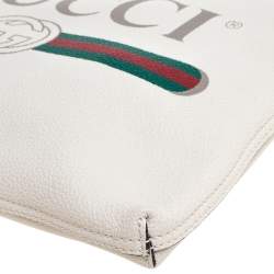 Gucci White Leather Logo Print Zip Pouch