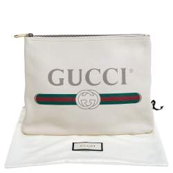 Gucci White Leather Logo Print Zip Pouch