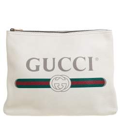 Gucci White Leather Logo Print Zip Pouch