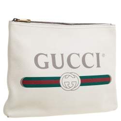 Gucci White Leather Logo Print Zip Pouch