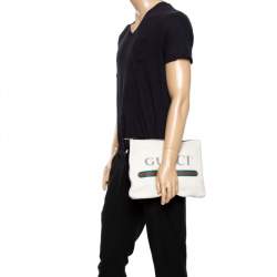 Gucci White Leather Logo Print Zip Pouch