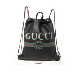 Pre Owned Gucci Black Soft Grain Leather Logo Drawstring Backpack