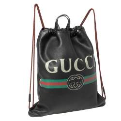 Pre Owned Gucci Black Soft Grain Leather Logo Drawstring Backpack