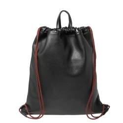 Pre Owned Gucci Black Soft Grain Leather Logo Drawstring Backpack