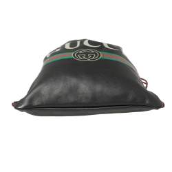 Pre Owned Gucci Black Soft Grain Leather Logo Drawstring Backpack