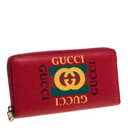 Pre Owned Gucci Red Grained Leather Logo Zip Around Continental Wallet