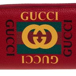 Pre Owned Gucci Red Grained Leather Logo Zip Around Continental Wallet
