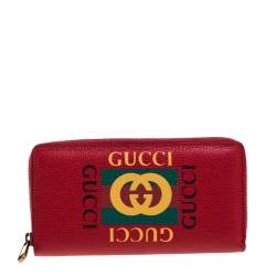 Pre Owned Gucci Red Grained Leather Logo Zip Around Continental Wallet