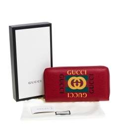 Pre Owned Gucci Red Grained Leather Logo Zip Around Continental Wallet