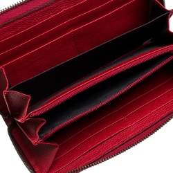 Pre Owned Gucci Red Grained Leather Logo Zip Around Continental Wallet