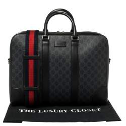 Pre Owned Gucci Black/Grey GG Supreme Canvas and Leather Large Briefcase