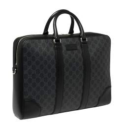 Pre Owned Gucci Black/Grey GG Supreme Canvas and Leather Large Briefcase