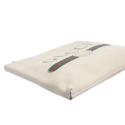 Gucci White Leather Logo Print Zip Pouch