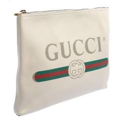 Gucci White Leather Logo Print Zip Pouch