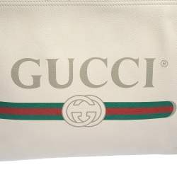 Gucci White Leather Logo Print Zip Pouch