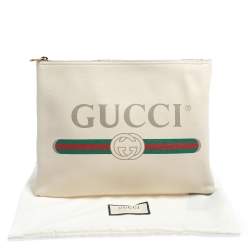 Gucci White Leather Logo Print Zip Pouch