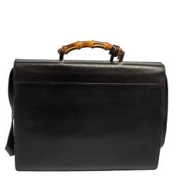 Gucci Black Leather Bamboo Handle Briefcase